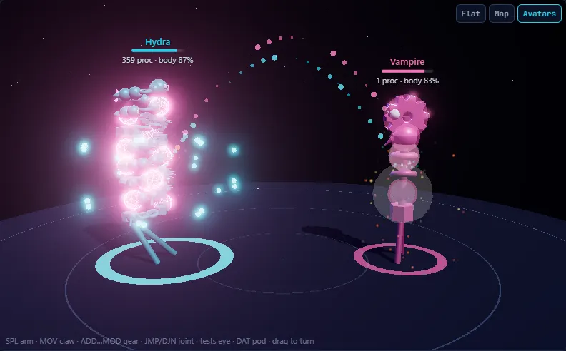 Two avatars mid-fight on the classic ring: Hydra, a tall coiled cyan creature glowing pink where Vampire has hit it, and Vampire, a short pink creature with a gear head, with a stream of shots arcing between them.